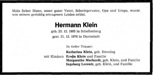 Klein Hermann 1905-1974 Todesanzeige